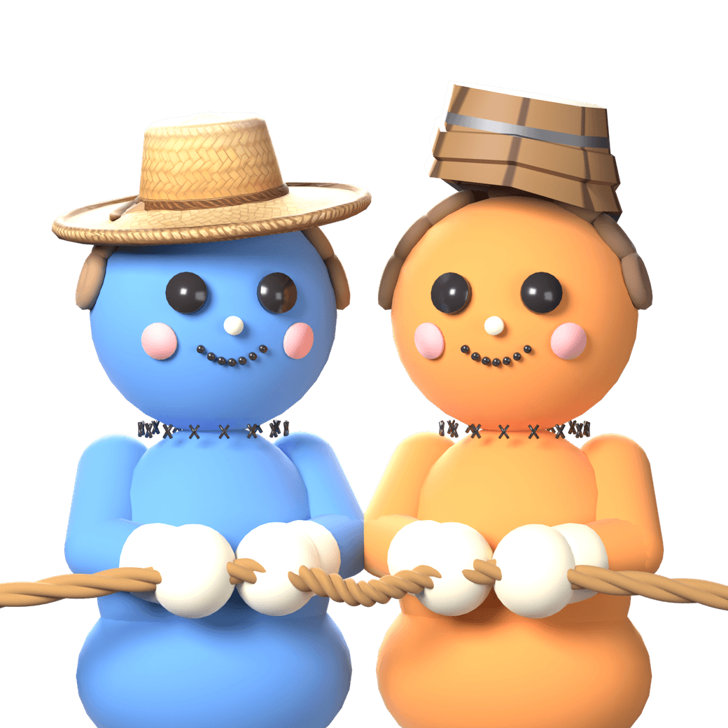 Patch, in a straw hat, and Fray, in a wooden bucket, holding a rope that stretches across the screen